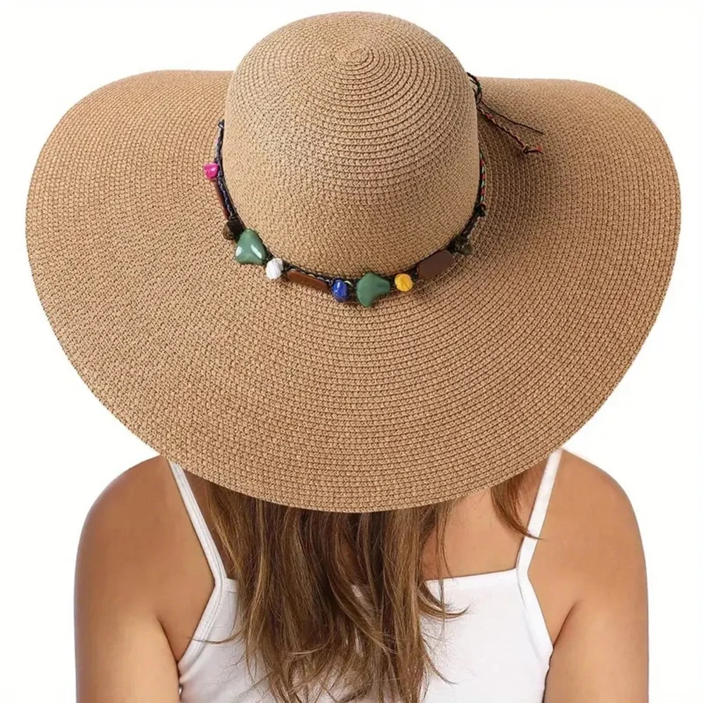 Bohemian Large straw hat with beading detailing with chin strap and bow tie